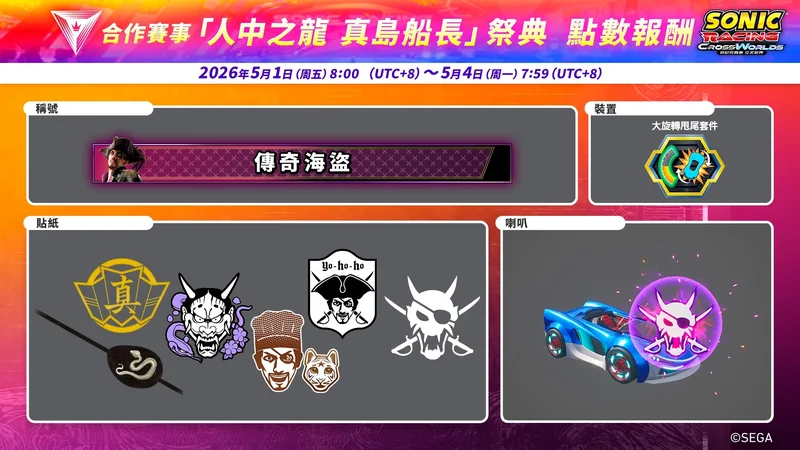 《索尼克赛车交叉世界》4/30发布免费更新「真岛吾朗（真岛船长）」